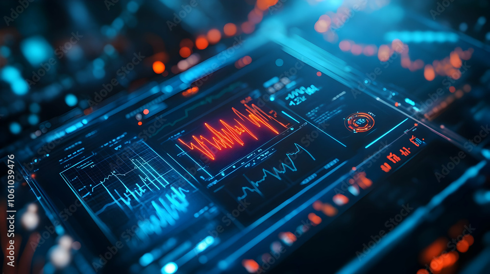 Obraz premium A glowing red and blue digital health metrics dashboard displaying vital signs and analytics, showcasing the next generation of healthcare technology.