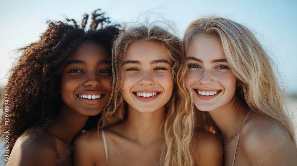 Three diverse young women smiling together, showing happiness and friendship. Three diverse young women smiling together, showing happiness and friendship.