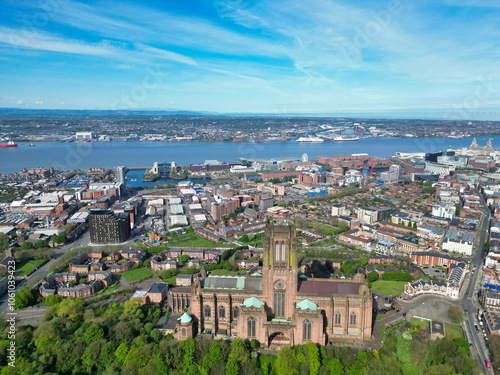 High Angle View of Historical and Modern British City Centre of Liverpool, Maritime city in northwest England, United Kingdom. Aerial Footage Was Captured with Drone's Camera on May 5th, 2024 photo