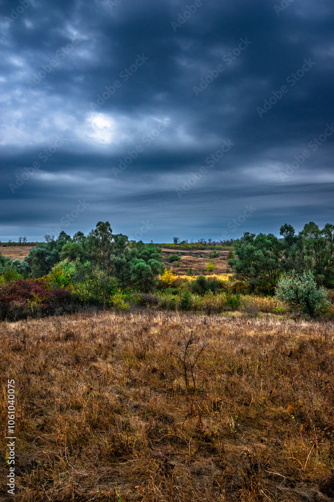 Landscape photography on the field with big and smooth clouds in the sky,Stormy weather on the picture.Big blue clouds iver the forest nd field, morning landscape in the woodlands.Aurumn blue hour, Landscape photography on the field with big and smooth clouds in the sky,Stormy weather on the picture.Big blue clouds iver the forest nd field, morning landscape in the woodlands.Aurumn blue hour,