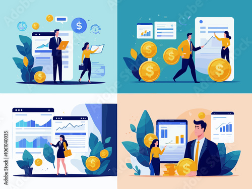 Financial literacy. Personal finance management, investing, managing expense - set of business concept illustrations. Vector set.