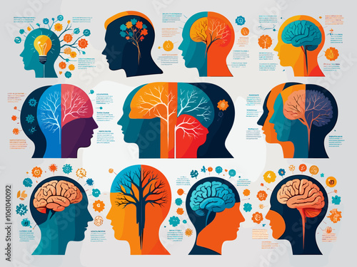 Mental health and psychology concept set. Different mental health problems, psychological disorders, treatment techniques and approaches.