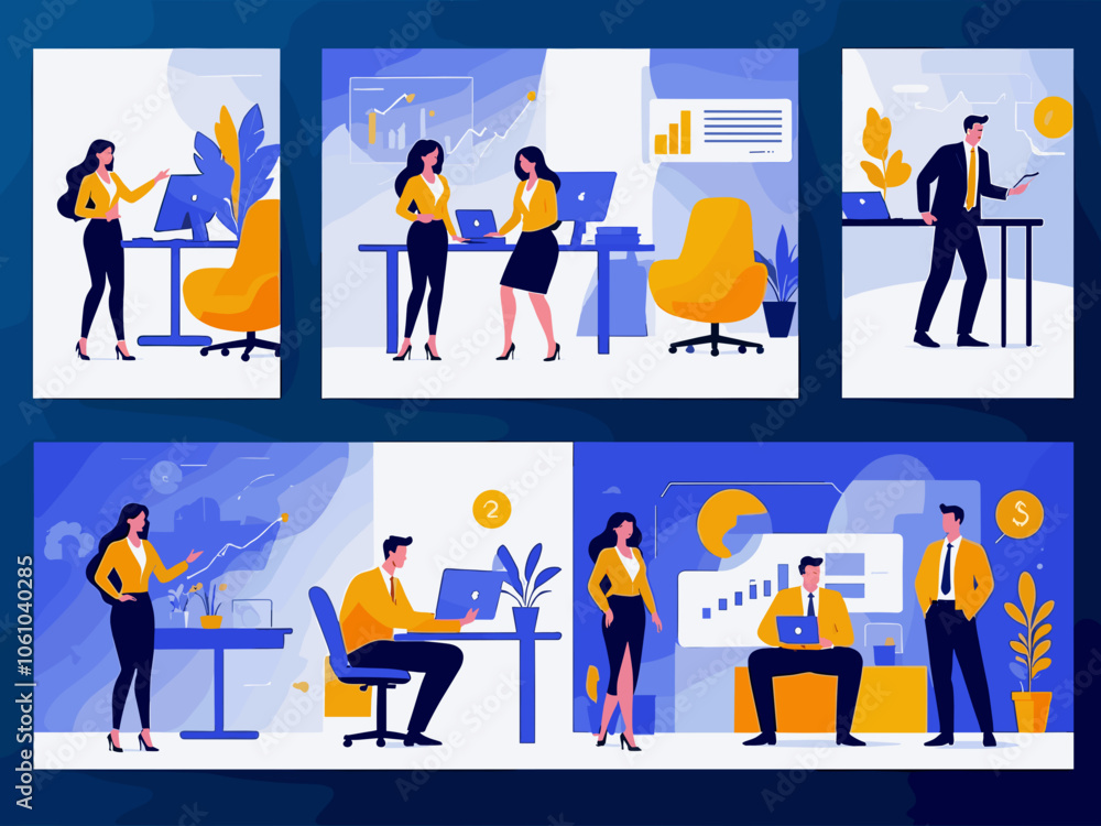 Naklejka premium Business Concept illustrations. Scenes with men and women taking part in business activities. Vector illustration