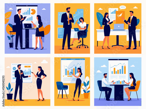 Business Concept illustrations. Scenes with men and women taking part in business activities. Vector illustration