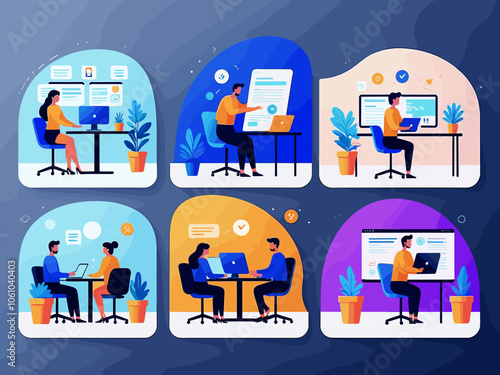 Remote Work Benefits, Limitations and Workflow Organization Concept illustrations. Collection of scenes with people organizing and improving their workflow. Vector illustration