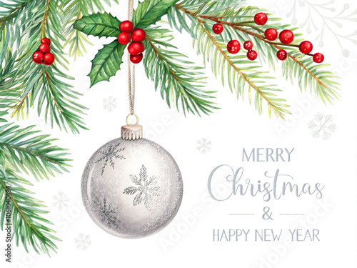 Merry Christmas greeting card with a branches, decoration and berries on white background 