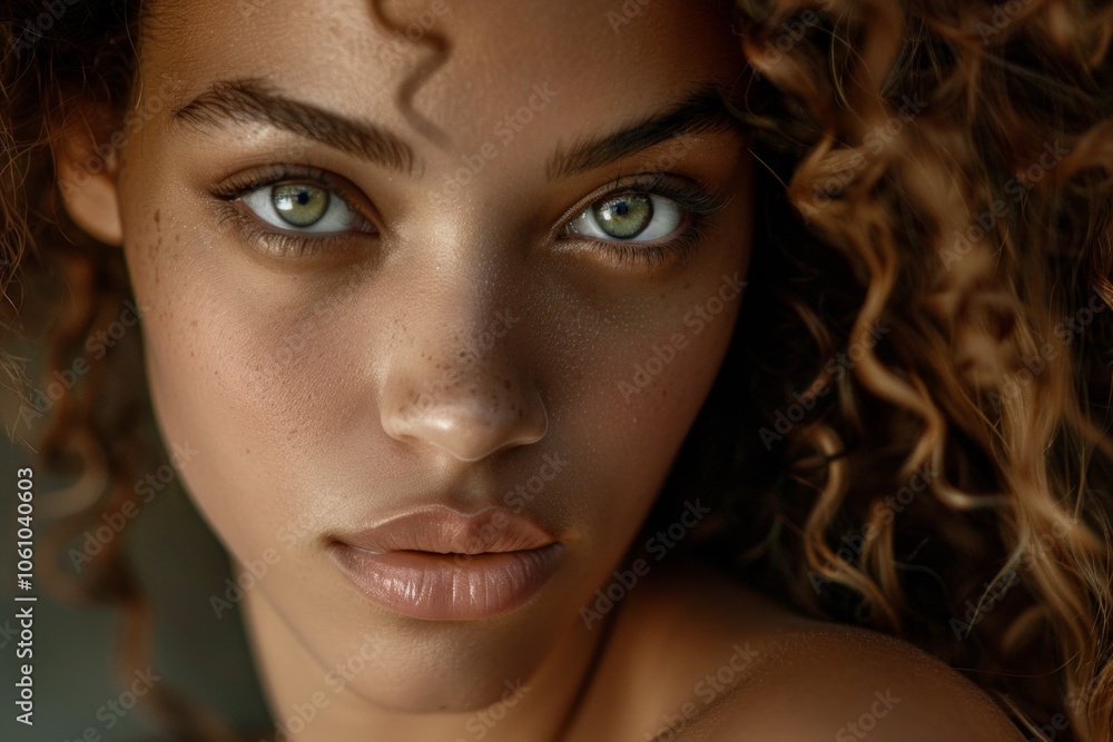Amazing caribbean woman with curly hair and green eyes close up portrait. Neural network ai generated art Amazing caribbean woman with curly hair and green eyes close up portrait. Neural network ai generated art