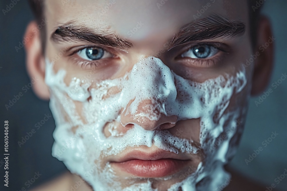 Fototapeta premium Young man with shaving cream on his face, focusing on skincare routine. Blue eyes stand out as he prepares for a clean shave, emphasizing grooming and personal care