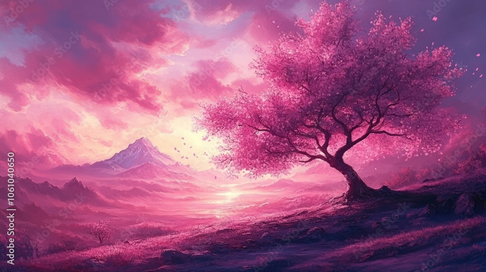 Obraz premium A single cherry blossom tree stands on a hill overlooking a pink sunrise and a snow-capped mountain.