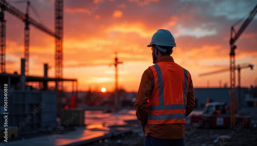 Construction worker overlooking site at sunset with tower cranes in background Construction worker overlooking site at sunset with tower cranes in background