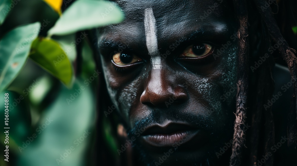 This is a detailed closeup of a mans face adorned with black paint on it This is a detailed closeup of a mans face adorned with black paint on it