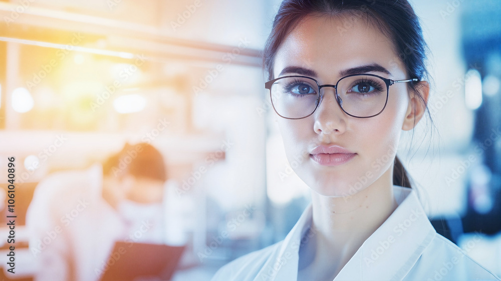 Confident scientist in glasses working in a modern laboratory setting Confident scientist in glasses working in a modern laboratory setting