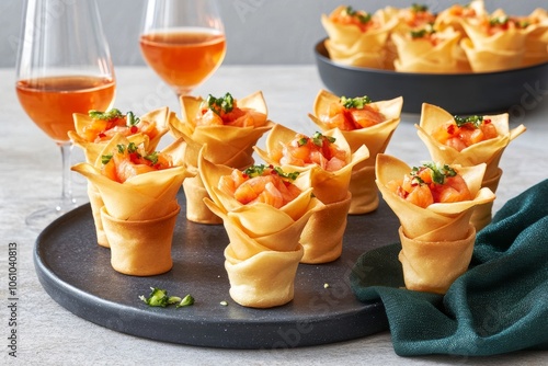  Canapés en cestas de masa filo rellenas de salmón y decoradas con hierbas frescas, ideales para eventos y fiestas.
 photo