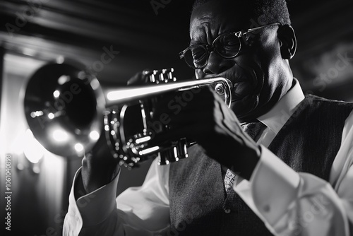 A jazz trumpet player in a classic vest and tie, passionately playing on stage in a 1920s speakeasy, energetic mood, medium close-up 2