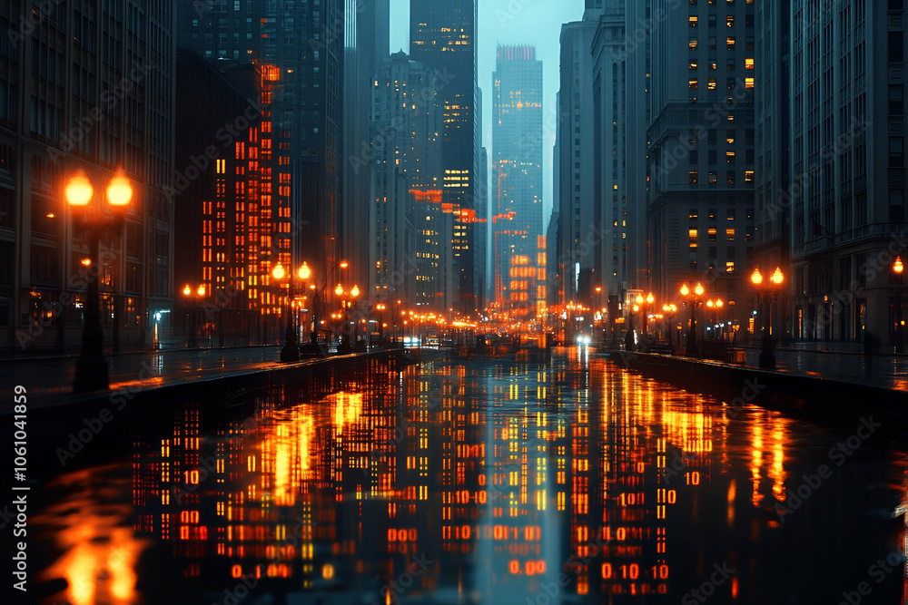 Obraz premium A serene urban scene depicting a city skyline at dusk, where buildings reflect vibrant lights in a calm waterway.