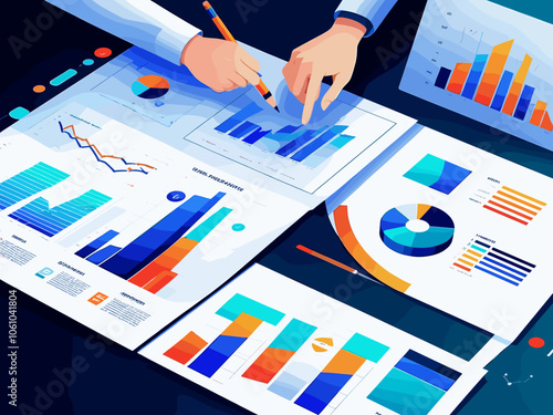Data analysis concept. Teamwork of business analysts charts and diagrams of sales and operational reports - set of business concept illustrations. Visual stories collection.