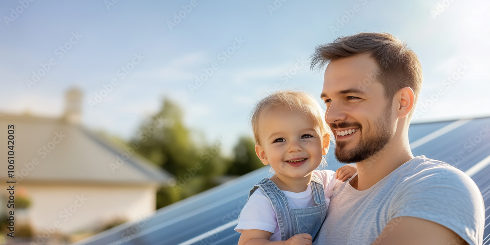 Joyful father holds his daughter, both smile together near solar panels under bright sky, capturing happiness of family connection and eco-friendly lifestyle in modern sunny setting. Eco family Joyful father holds his daughter, both smile together near solar panels under bright sky, capturing happiness of family connection and eco-friendly lifestyle in modern sunny setting. Eco family