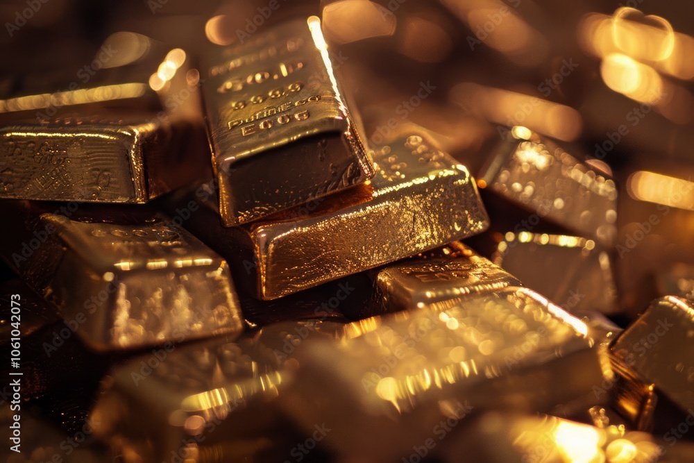 Many shiny natural gold bars in dark bank safe space. Neural network ai generated art Many shiny natural gold bars in dark bank safe space. Neural network ai generated art