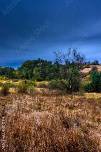 Landscape photography on the field with big and smooth clouds in the sky,Stormy weather on the picture.Big blue clouds iver the forest nd field, morning landscape in the woodlands.Aurumn blue hour,