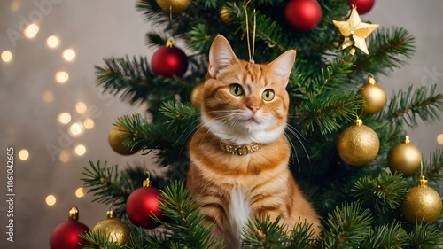 Adorable gato en medio de un árbol de Navidad
