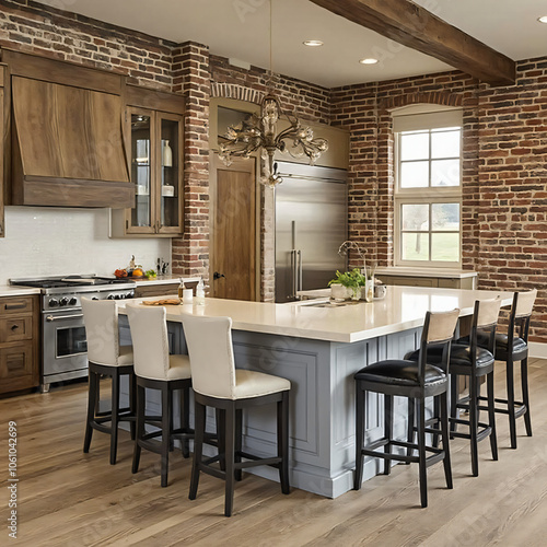 Rustic Modern Kitchen with Exposed Brick and Large Island