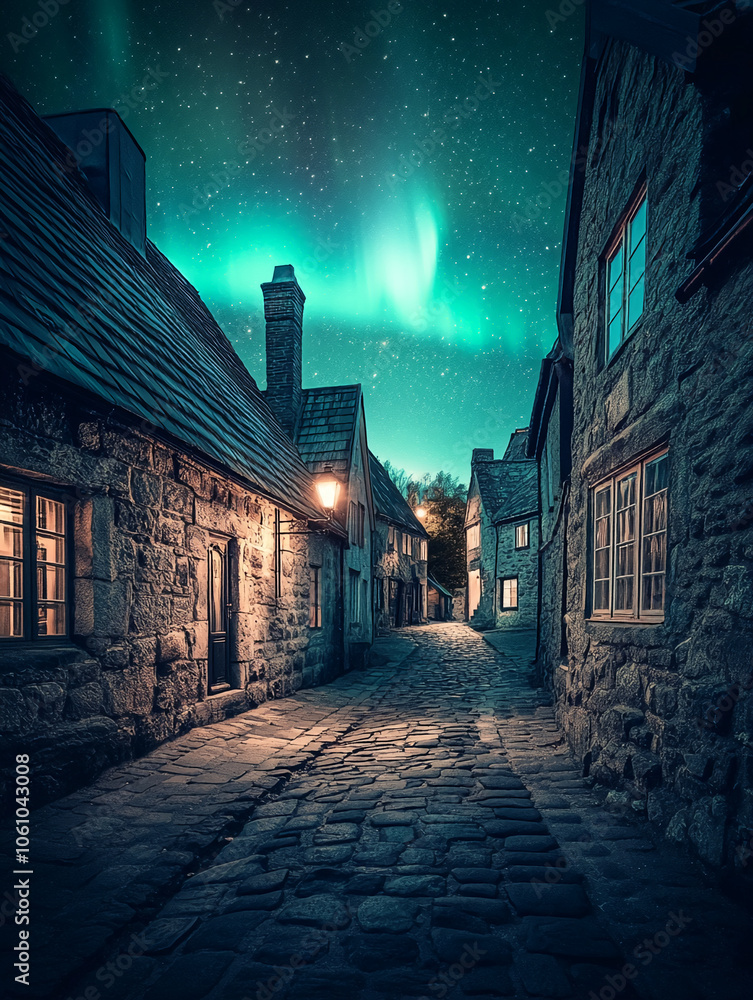 Obraz premium A cobblestone street in a quaint town is illuminated by streetlights and the vibrant green glow of the aurora borealis