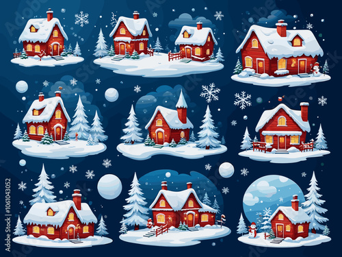 Christmas kit for creating postcards or posters. Included snow-covered houses, Santa Clauses, snowmen, Christmas trees, various snow drifts, lettering for headlines and backgrounds