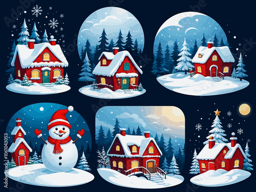 Christmas kit for creating postcards or posters. Included snow-covered houses, Santa Clauses, snowmen, Christmas trees, various snow drifts, lettering for headlines and backgrounds