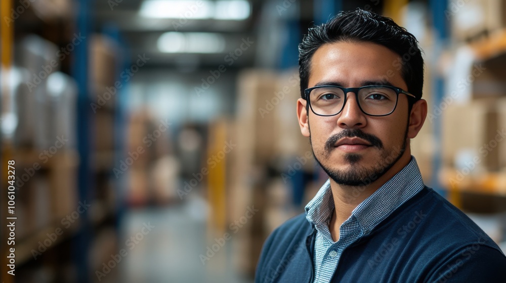 Confident Young Man in a Warehouse Setting with Boxes in Background Confident Young Man in a Warehouse Setting with Boxes in Background