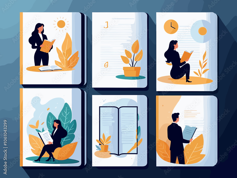 Personal, professional growth and self development business concept illustrations. Read a book, Journal, Plan your day. Visual stories collection Personal, professional growth and self development business concept illustrations. Read a book, Journal, Plan your day. Visual stories collection