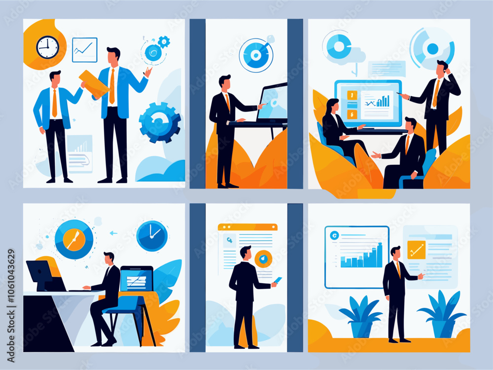 Business project management tools and phases - set of business concept illustrations. Visual stories collection. Business project management tools and phases - set of business concept illustrations. Visual stories collection.