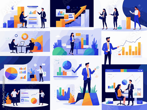 Business project management tools and phases - set of business concept illustrations. Visual stories collection.