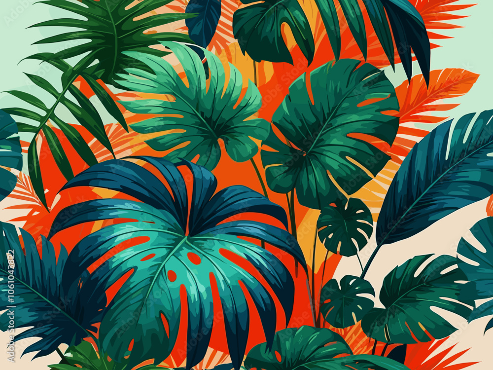 Naklejka premium Bright tropical background with jungle plants. Exotic pattern with palm leaves.