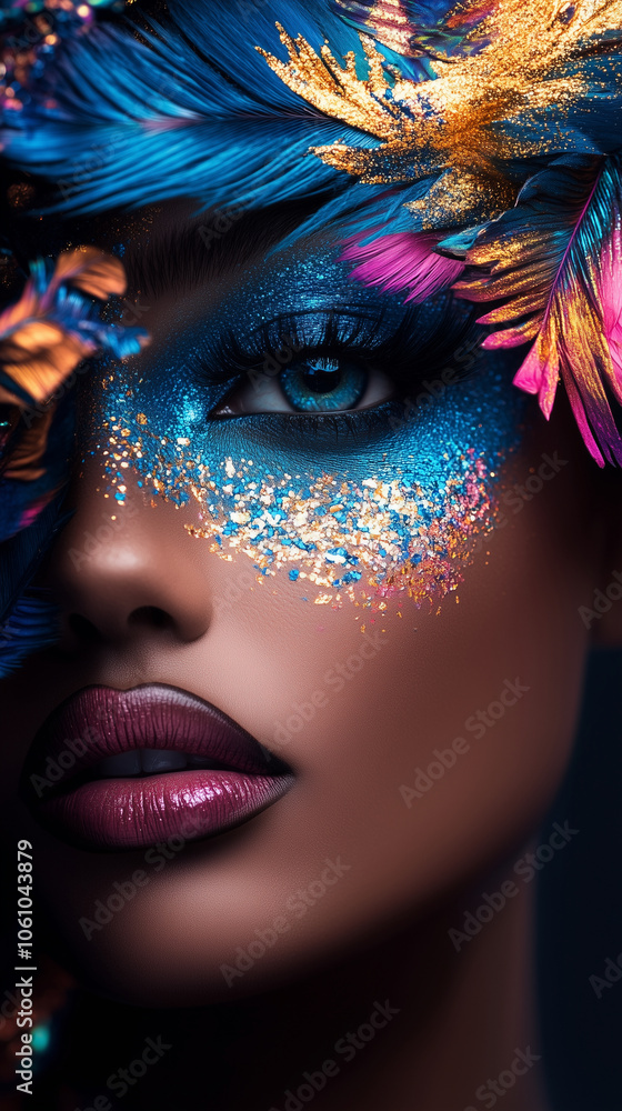 Mystical Beauty: Avant-Garde Makeup and Feathered Headdress Portrait Mystical Beauty: Avant-Garde Makeup and Feathered Headdress Portrait