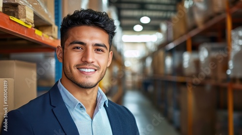 Confident Young Man Smiling in a Warehouse Environment with Boxes