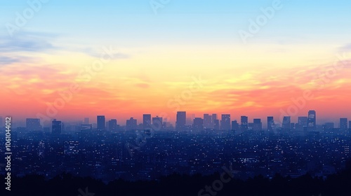 City skyline at sunrise with a hazy sky and a vibrant orange and pink sky.