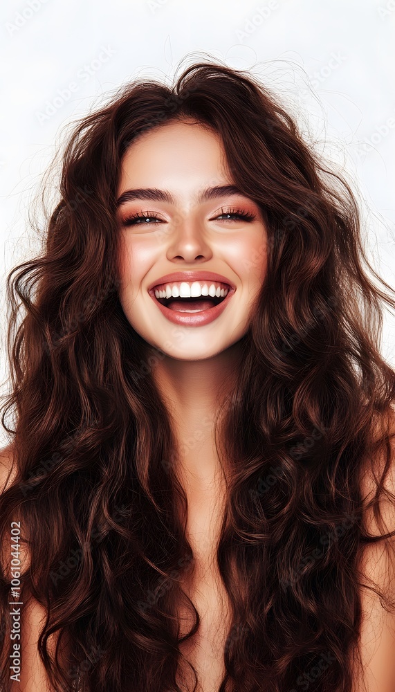 Beauty brunette laughing young woman with long shiny curly hair on white background Beauty brunette laughing young woman with long shiny curly hair on white background
