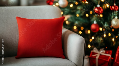 A beautiful Christmas scene featuring a decorated tree alongside a blank canvas, perfect for holiday designs photo