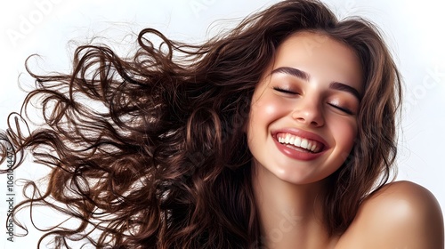 Beauty brunette laughing young woman with long shiny curly hair on white background