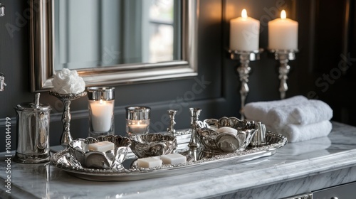 A luxurious bathroom setting with a marble vanity displaying silver accessories, including ornate soap dishes and candle holders.  photo