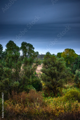 Landscape photography on the field with big and smooth clouds in the sky,Stormy weather on the picture.Big blue clouds iver the forest nd field, morning landscape in the woodlands.Aurumn blue hour,