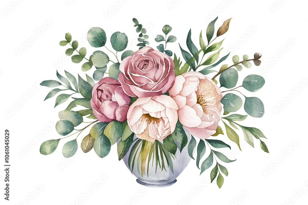 Fototapeta premium Delicate watercolor pink roses, blush peonies, and eucalyptus leaves. Perfect wedding stationary, greetings, fashion, background.