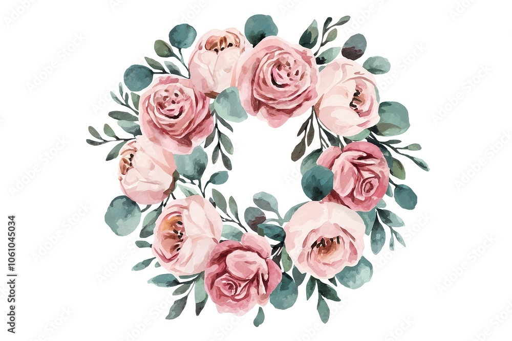 Fototapeta premium Delicate watercolor pink roses, blush peonies, and eucalyptus leaves. Perfect wedding stationary, greetings, fashion, background.