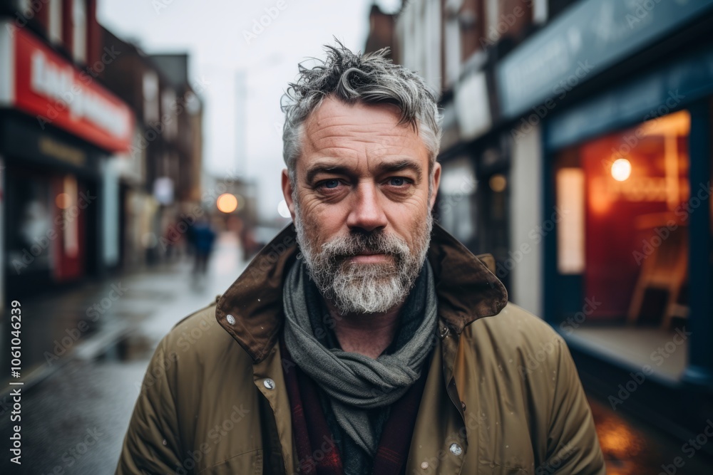 Portrait of a handsome mature man with gray hair and beard standing on the street in the city. Portrait of a handsome mature man with gray hair and beard standing on the street in the city.