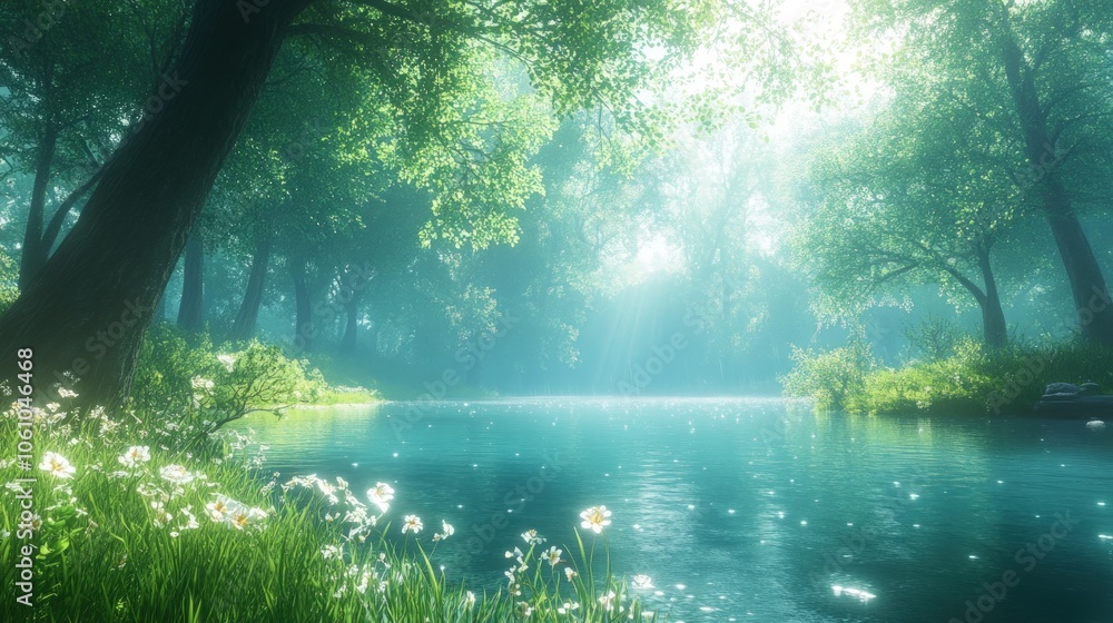 Sunbeams illuminate a serene forest stream with blooming wildflowers on the bank. Sunbeams illuminate a serene forest stream with blooming wildflowers on the bank.