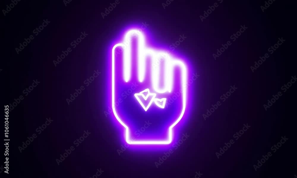 Neon victory hand icon glowing black background animation Neon victory hand icon glowing black background animation