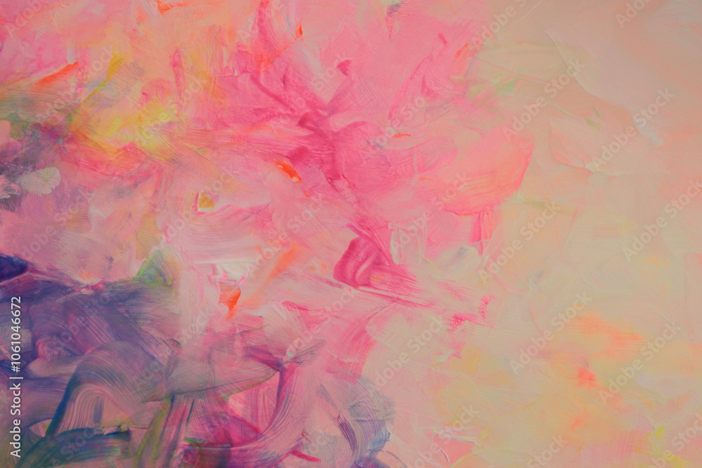 Obraz premium Art Oil and Acrylic hand drawn brushstroke smear blot painting wall. Abstract texture bright neon rainbow pastel color stain background.