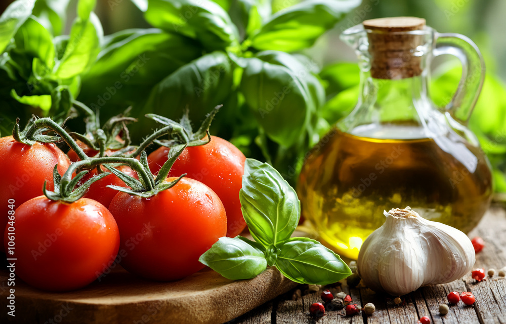 Fresh tomatoes, basil, garlic, and olive oil are ready for a delicious meal Fresh tomatoes, basil, garlic, and olive oil are ready for a delicious meal