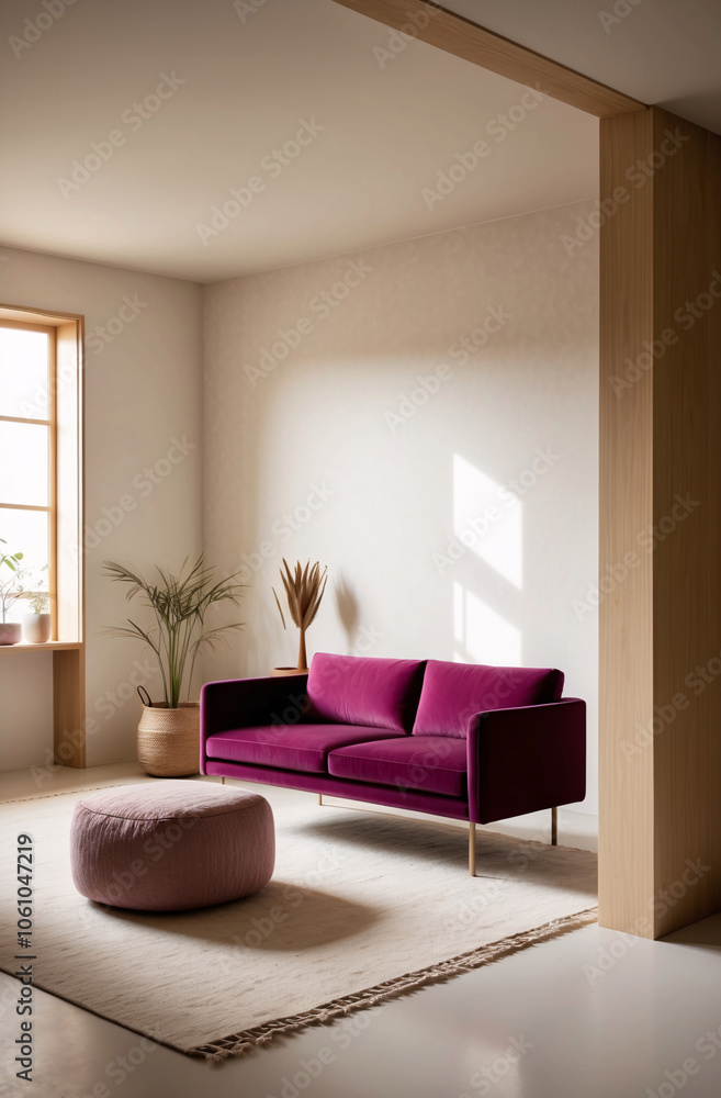 Minimalist, japandi interior design of modern stylish living room with colorful sofa and pouf Minimalist, japandi interior design of modern stylish living room with colorful sofa and pouf