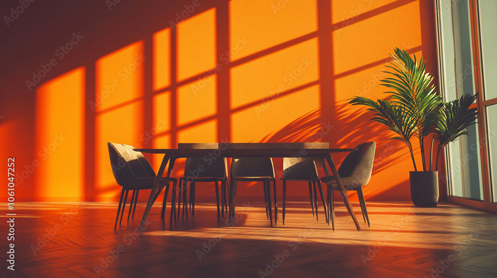 Sunlit Dining Room with Bright Orange Accent Wall Sunlit Dining Room with Bright Orange Accent Wall